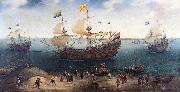 Hendrik Cornelisz. Vroom The Amsterdam fourmaster De Hollandse Tuyn and other ships on their return from Brazil under command of Paulus van Caerden. oil painting on canvas